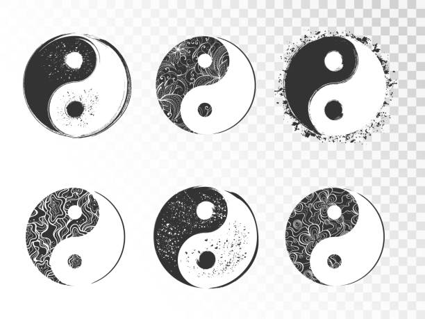 ilustrações de stock, clip art, desenhos animados e ícones de vector set of hand drawn yin yang signs. - tao symbol