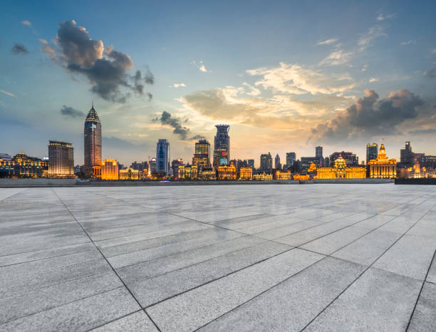 istock Empty floor and modern city buildings in Shanghai at night 1166325921