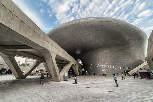 Seoul, South Korea - October 15, 2017: Gorgeous view of the Dongdaemun Design Plaza. Building designed by Zaha Hadid. The DDP is an urban landmark of Seoul and popular tourist destination of Asia.