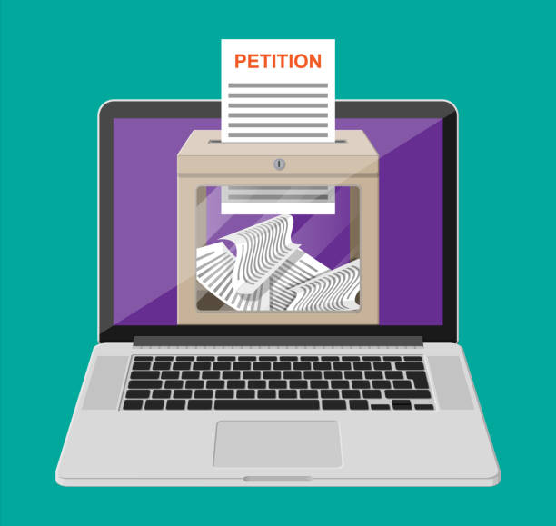 Petition box, document on laptop screen. Petition box, document on laptop screen. Sign petition online. Concept of change over the Internet. Vector illustration in flat style petition stock illustrations