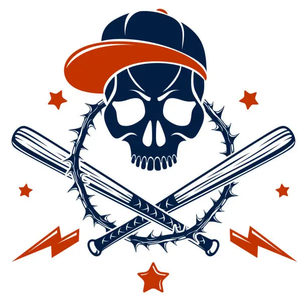 Vector illustration of Gangster emblem or tattoo with aggressive skull baseball bats and other weapons and design elements, vector, criminal ghetto vintage style, gangster anarchy or mafia theme.