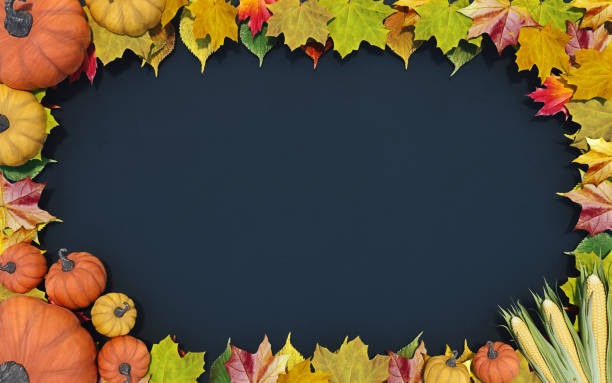 istock Empty horizontal blackboard poster with frame made of leaves, pumpkins and corn, concept of fall autumn sale or back to school, 3d rendering, 3d illustration 1166333832