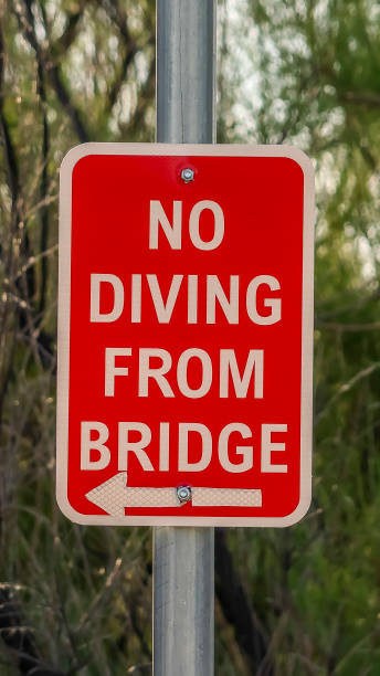 istock Vertical frame No Diving From Bridge sign with arrow against trees and sky on a sunny day 1166335190