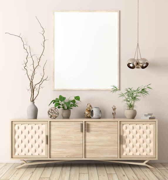 Modern interior of living room with wooden dresser and mock up poster 3d rendering