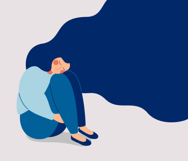 Sad lonely Woman in depression with flying hair Sad lonely Woman in depression with flying hair. Young unhappy girl sitting and hugging her knees. Depressed teenager. Colorful vector illustration in flat cartoon style overcast illustrations stock illustrations