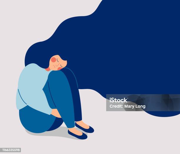 Sad Lonely Woman In Depression With Flying Hair Stock Illustration - Download Image Now - Depression - Sadness, One Woman Only, Grief