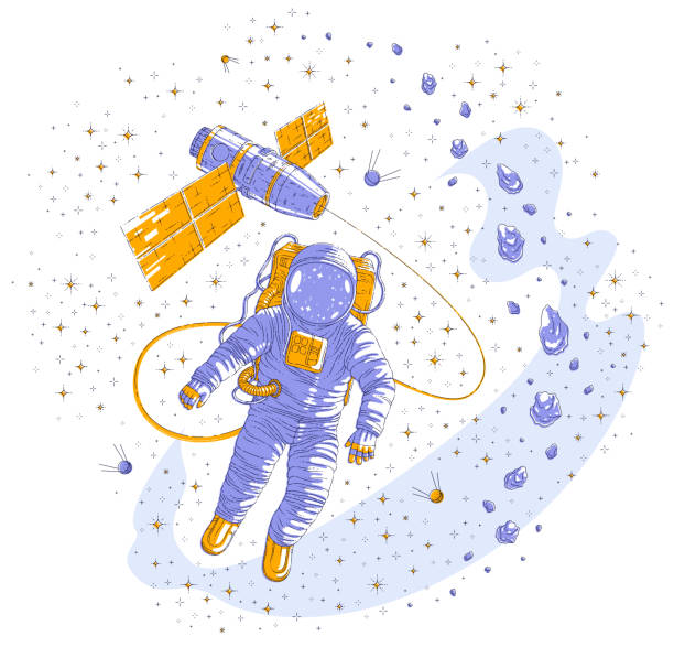 istock Astronaut went out into open space connected to space station and earth planet in background, spaceman floating in weightlessness and iss spacecraft, stars and other elements. Vector isolated. 1166338215