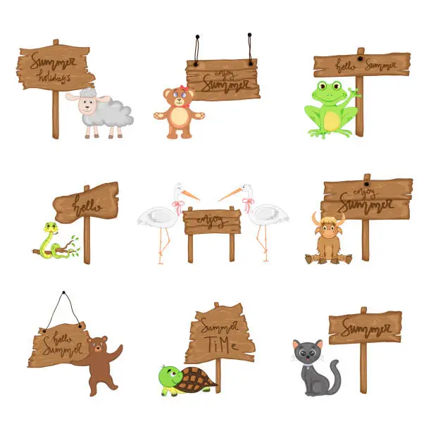 Vector illustration of Set with cute animals near wooden signboard with the inscriptions on the summer theme in vector. Cartoon illustration.