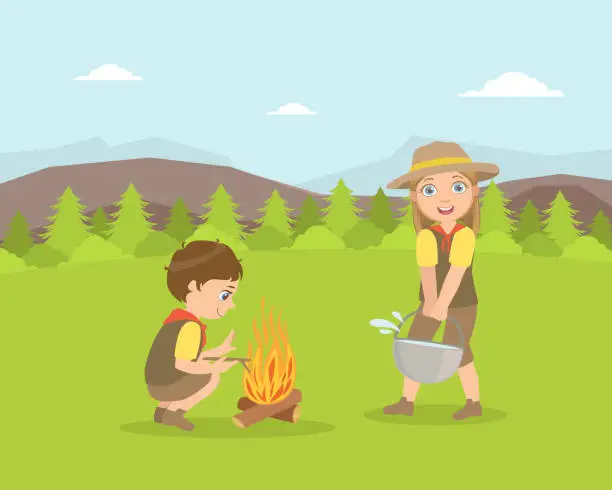 Vector illustration of Kids Scouts Characters in Uniform Camping Next to Campfire on Nature Landscape, Kids Cooking Food on Bonfire Vector Illustration