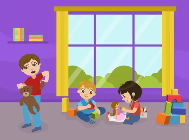 Vector illustration of Children Playing with Toys in Playroom of Kindergarten, Aggressive Bully Boy Breaking Toys, Bad Behavior Vector Illustration