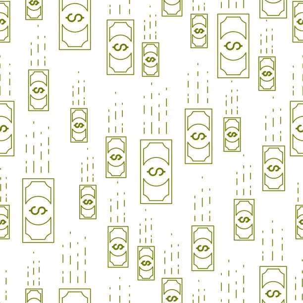 Vector illustration of Money cash falling seamless background, dollar currency money signs, backdrop for financial business website or economical theme ads and information, vector wallpaper or web site background.