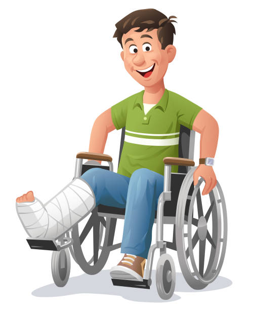 illustrations, cliparts, dessins animés et icônes de jeune homme avec la jambe cassée dans le fauteuil roulant - physical injury men orthopedic equipment isolated on white