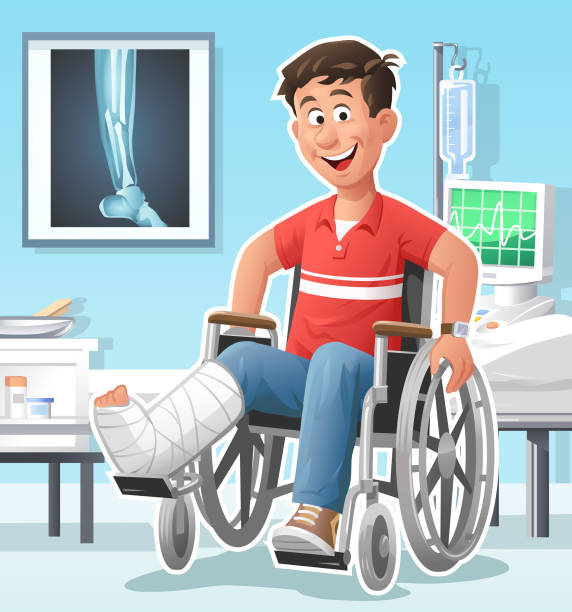 молодой человек со сломанной ногой в больнице - emergency room illustrations stock illustrations