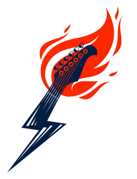 illustrazioni stock, clip art, cartoni animati e icone di tendenza di paletta per chitarra elettrica in fiamme a forma di fulmine, chitarra hot rock in fiamme e bullone, etichetta di concerti o festival hard rock o rock and roll, spettacolo dal vivo del night club, vettore. - ballad