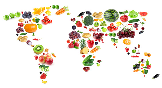 Fruits and vegetables on white background. World map