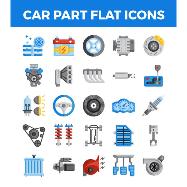 ilustraciones, imágenes clip art, dibujos animados e iconos de stock de iconos planos de piezas de vehículos y coches. iconos de alineación perfectos de píxeles. ilustración vectorial - motor