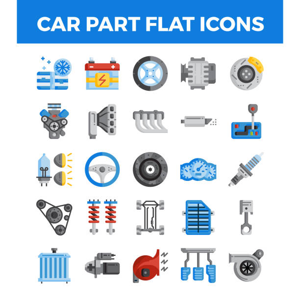illustrations, cliparts, dessins animés et icônes de icônes plates de pièces de véhicule et de voiture. graphismes d'alignement parfaits pixel. illustration de vecteur - engine