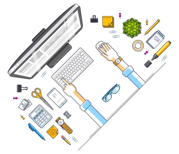 Vector illustration of Office desk workspace top view with hands of office employee or entrepreneur, PC computer and diverse stationery objects for work. All elements are easy to use separately. Vector illustration.