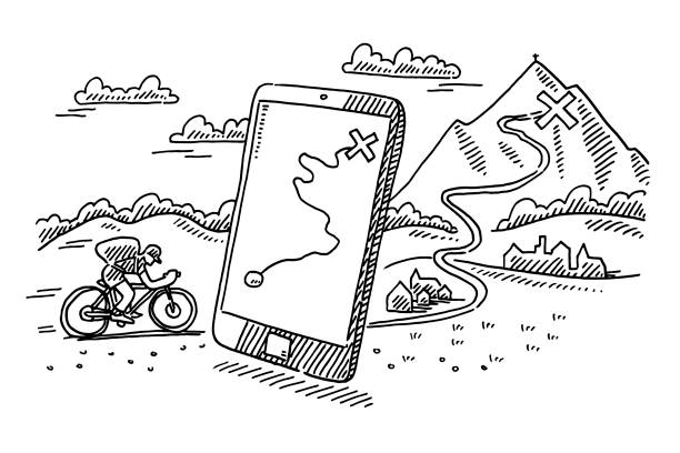 Smartphone Mountain Bike Trip Guide Drawing Hand-drawn vector drawing of a Smartphone Mountainbike Trip Guide Concept. Black-and-White sketch on a transparent background (.eps-file). Included files are EPS (v10) and Hi-Res JPG. journey drawings stock illustrations