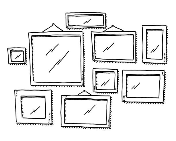 Group Of Empty Picture Frames Drawing Hand-drawn vector drawing of a Group Of Empty Picture Frames. Black-and-White sketch on a transparent background (.eps-file). Included files are EPS (v10) and Hi-Res JPG. exhibition illustrations stock illustrations