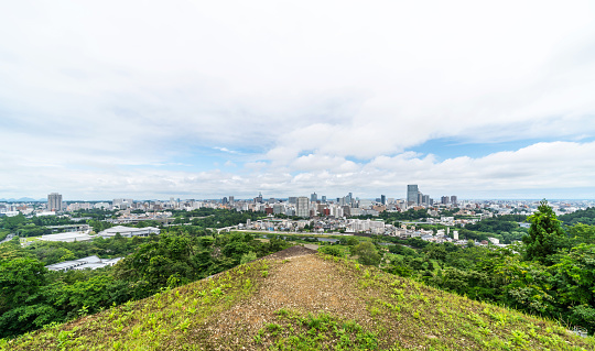 Asia business concept for real estate and corporate construction - panoramic modern city skyline aerial view of Sendai in Miyagi, Japan