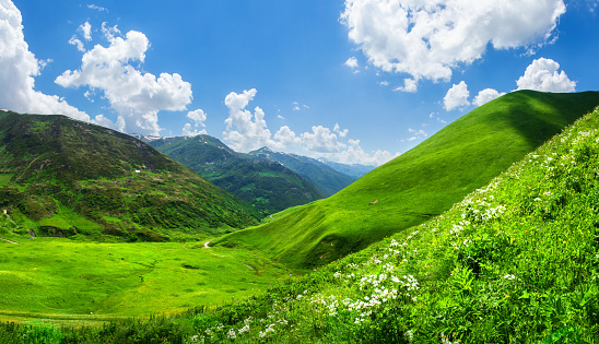 Beautiful green mountain valley. Scenic grassy mountains. Summer day in mountains. Amazing bright mountain landscape. Green hills and clouds on blue sky