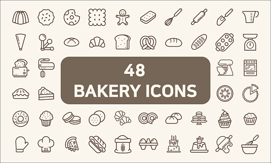 Contains such Icons as cookie, pudding, oven, kitchen tools, doughnut, bread, macaroon, muffin And Other Elements. 
customize color, easy resize.