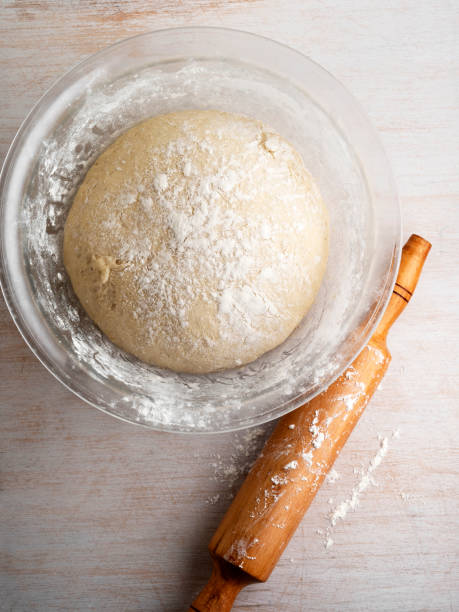 pasta, pasta lievitata, pane o pasta per pizza, pasta fresca lievitata in ciotola nebbiosa, pasta cruda fresca - whole wheat flour foto e immagini stock