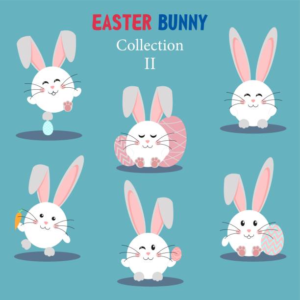 ilustraciones, imágenes clip art, dibujos animados e iconos de stock de colección de conejo y huevo de pascua. - easter easter bunny fun humor