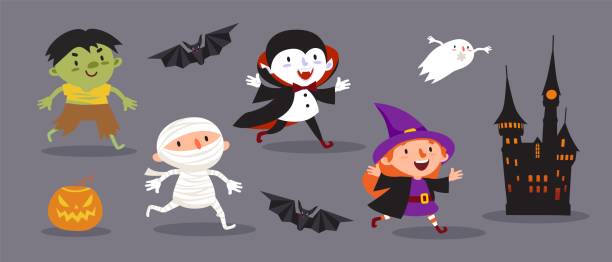 ilustraciones, imágenes clip art, dibujos animados e iconos de stock de feliz halloween, bruja, vampiro, momia, demonio, muerto, fantasma, murciélago, castillo, calabaza - running mummified horror spooky