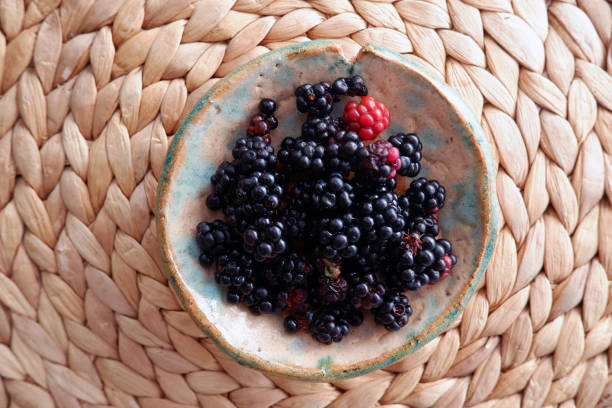 istock Freshly picked blackberries in handmade ceramic bowl. 1166359225