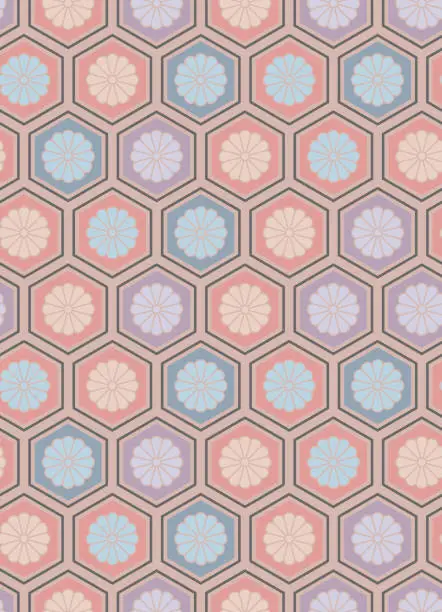 Vector illustration of Japanese Pastel Chrysanthemum Hexagon Seamless Pattern