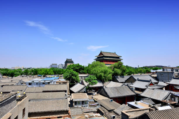 Beijing's old town and drum tower at sunny day, China.