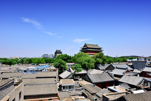 Beijing's old town and drum tower at sunny day, China.