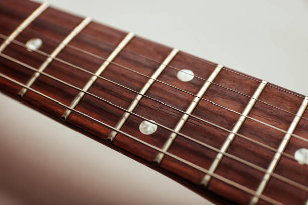 istock Guitar neck and strings close up top view on white background. 1166364679
