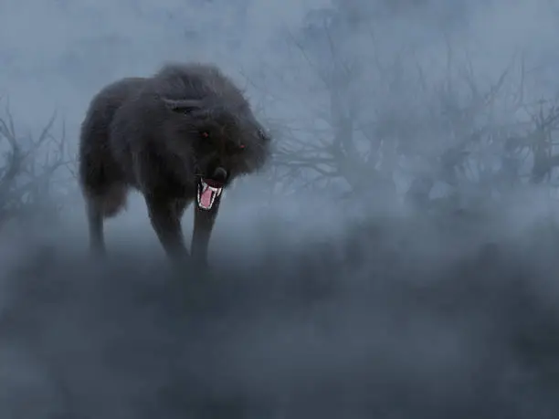 Photo of 3D rendering of a black wolf with glowing red eyes.