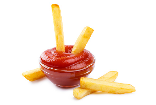 French potato fries and ketchup on white