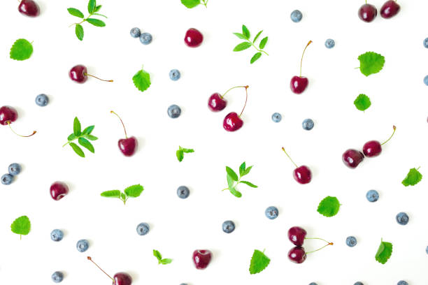 istock Cherry and blueberries with mint leaves on white background. Summer food frame. Top view. Flat lay 1166365995