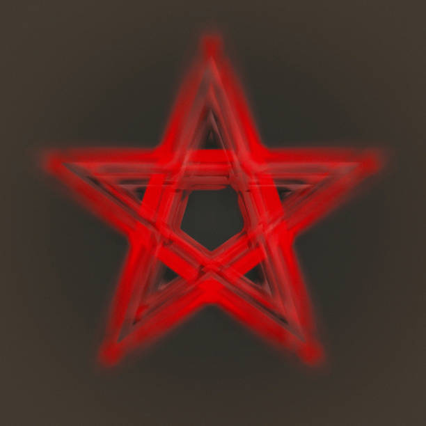 reversed pentagram symbol. wiccan symbols- cross of sulfur. blood red runic spell circle. satanic sign, magic casting ring. pentalpha, pentangle. 3d illustration. - pentangle imagens e fotografias de stock