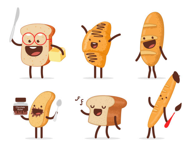 ilustrações de stock, clip art, desenhos animados e ícones de cute bread characters vector cartoon set isolated on a white background. - torrada ilustrações