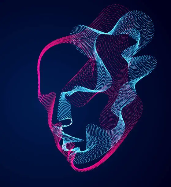 Vector illustration of Beautiful vector human face portrait, artistic illustration of man head made of dotted particles array, Artificial Intelligence, pc programming software interface, digital soul.