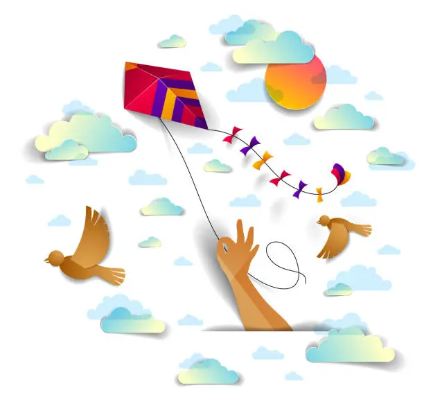 Vector illustration of Hand holding kite over cloudy sky birds flying and sun, freedom and easiness emotional concept, vector modern style paper cut 3d illustration.