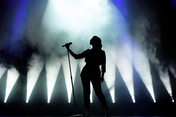 istock Vocalist singing to microphone. Singer in silhouette 1166371757