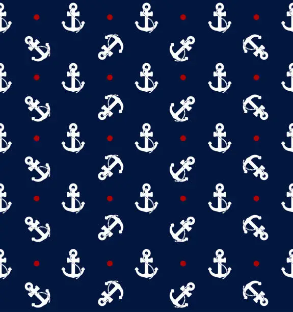 Vector illustration of Anchor pattern with red polka dots. Navy blue nautical background seamless design.