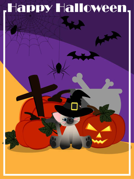ilustrações, clipart, desenhos animados e ícones de o gato bonito tem o chapéu da bruxa que senta-se na lanterna da abóbora perto das aranhas que penduram no web de aranha, milho de doces no assoalho e texto feliz de halloween. - spider web halloween corn pumpkin