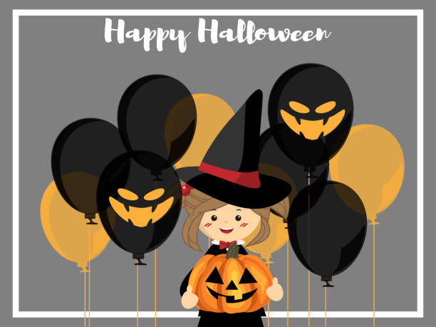 istock Halloween background with young witch holding Halloween pumpkin, Halloween balloons and Happy Halloween text. 1166374686