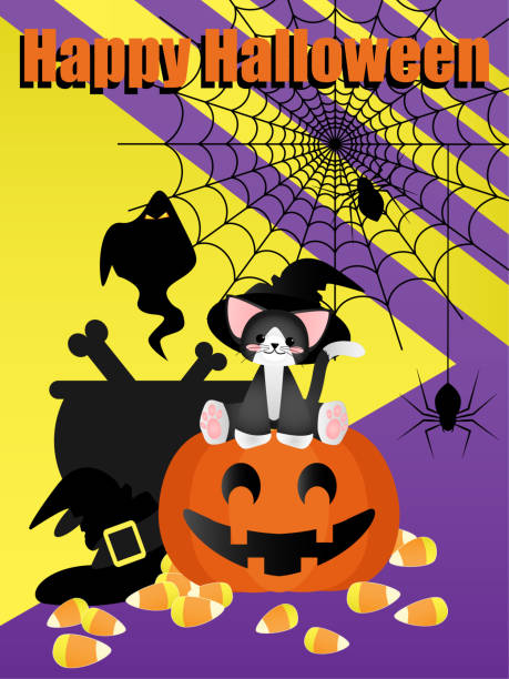 ilustrações, clipart, desenhos animados e ícones de o gato bonito tem o chapéu da bruxa que senta-se na lanterna da abóbora perto das aranhas que penduram no web de aranha, milho de doces no assoalho e texto feliz de halloween. - spider web halloween corn pumpkin