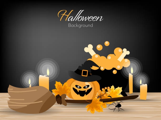 istock Halloween background with Halloween pumpkin with witch's hat, spiders, broomstick, candle, Autumn leaves and witch's cauldron. 1166374880