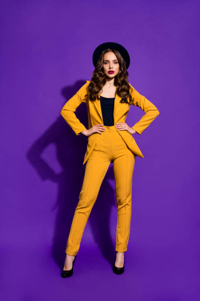 vertical full length body size view of her she nice-looking attractive lovely content rich wealthy luxury wavy-haired lady posing hands on hips isolated over bright vivid shine violet lilac background - fato de senhora imagens e fotografias de stock