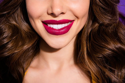 Cropped close-up view of her she nice attractive adorable perfect cheerful cheery, wavy-haired lady plump sensual lips isolated over bright vivid shine violet lilac purple background